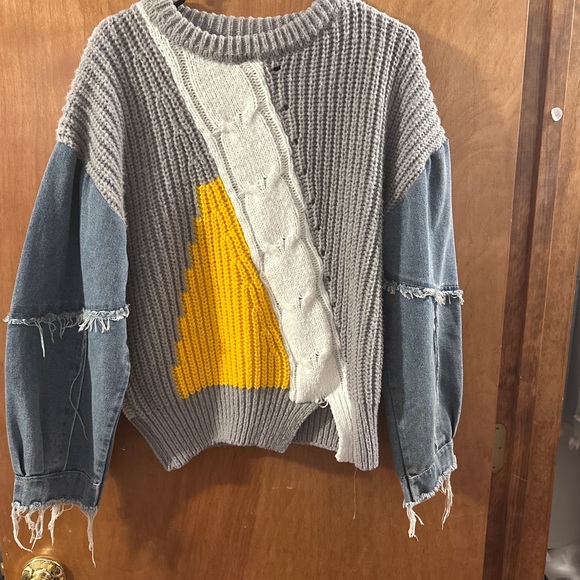 Boutique Patchwork Knit Sweater w/ Denim Sleeves | Small - Picture 2 of 6